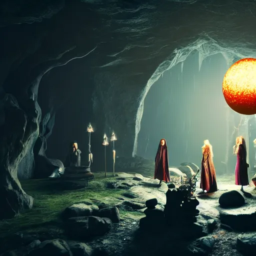 Prompt: witches and wizards standing around a giant magical orb in an ethereal cave ,highly detailed, 4k, HDR, award-winning, artstation, octane render