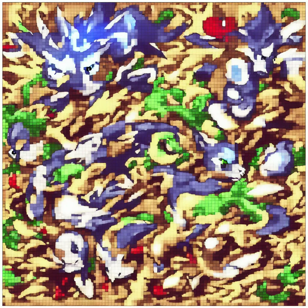 Image similar to pixelated pokemon monster inspired by ragnarok online, 1 2 8 bit, 1 0 0 0 x 1 0 0 0 pixel art, 4 k, super detailed, nintendo game, pixelart, high quality, no blur, sharp geometrical squares, concept pixelart