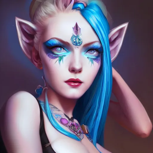 Image similar to a Portrait of JINX from League of Legends, blue hair, pigtail, intricate, elegant, highly detailed, digital painting, concept art, smooth, sharp focus, illustration, art by artgerm and greg rutkowski and alphonse mucha,artstation,deviantart,FAN ART,Unreal Engine,face enhance,8K,golden ratio,cinematic lighting H 704