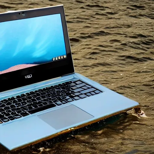 Prompt: a laptop surmerged in the sea