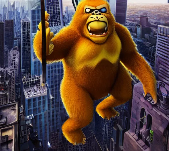 Image similar to epic fantasy comic book style portrait painting of a giant angry pikachu as king kong climbing the empire state building, by mark ryden and pixar and hayao miyazaki, unreal 5, daz, hyperrealistic, octane render, cosplay, rpg portrait, dynamic lighting, intricate detail, cinematic