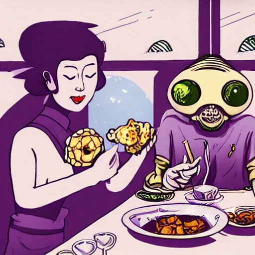 Image similar to extraterrestrial eating dumplings at fancy Japanese restaurant, Jim Henson creature shop, science fiction, highly detailed, illustration