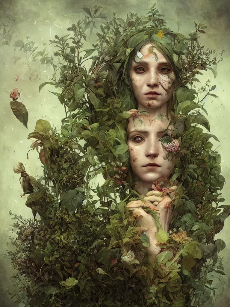 Image similar to a solarpunk portrait of a gorgeous gardener with a dirt-smeared face, award-winning, masterpiece, in the style of Tom Bagshaw, Cedric Peyravernay, Peter Mohrbacher