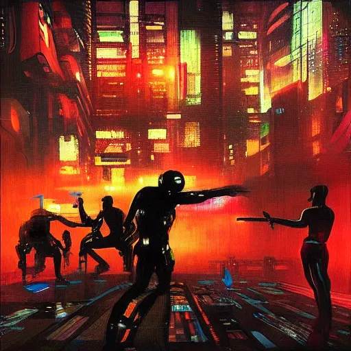 Prompt: “cyberpunk painting of a battle between two artificial intelligences”