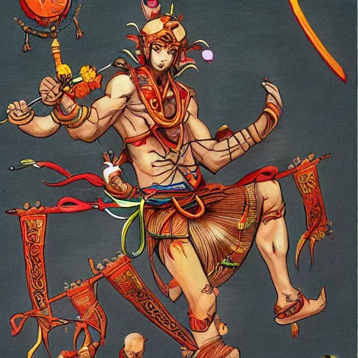 Prompt: Sun Wukong vs. Nezha with three heads and six arms,From the Chinese cartoon havoc in heaven