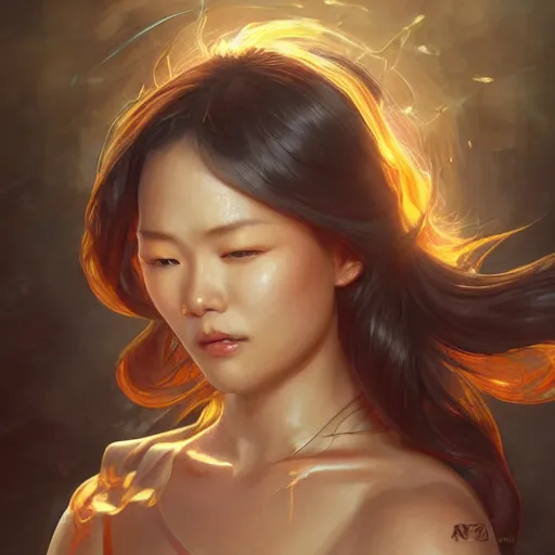 Prompt: Asian female fire elemental, lifelike, portrait, highly detailed, digital painting, artstation, concept art, sharp focus, illustration, cinematic lighting, art by artgerm and greg rutkowski and alphonse mucha