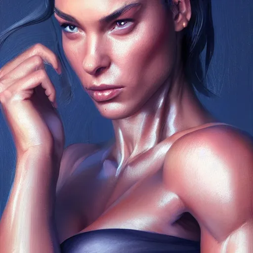 Prompt: a very beautiful woman with muscles, digital art, photorealistic, unreal engine, 8 k resolution, artstation, beautiful face, pretty face, very detailed eyes, by wlop, greg rutkowski, simon bosley