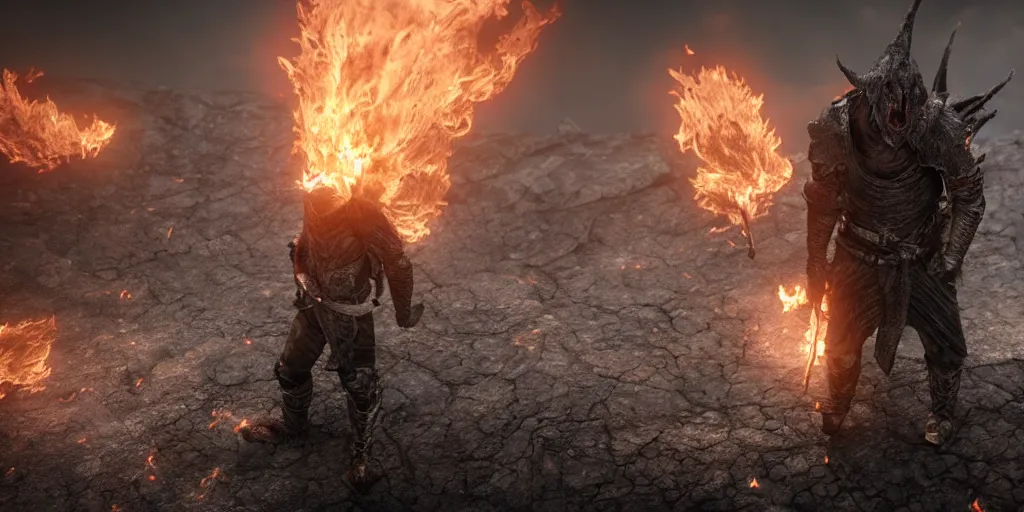 Prompt: a black uruk - hai breathing fire standing on mount doom, cinimatic, fire, high quality, 8 k, movie shot, wideshot, epic, photo realism, unreal engine 5, shadows, dramatic lighting,