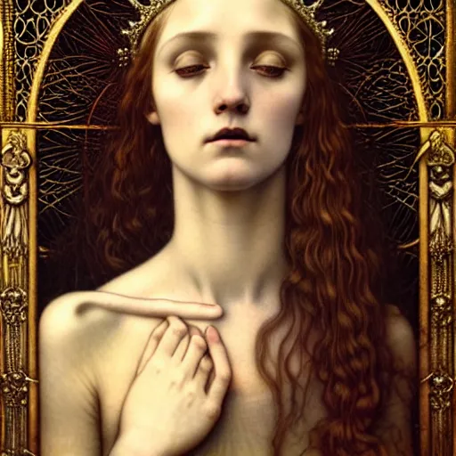 Image similar to detailed realistic beautiful young medieval queen face portrait by jean delville, tom bagshaw, brooke shaden, gustave dore and marco mazzoni, art nouveau, symbolist, visionary, gothic, pre - raphaelite, ornate gilded medieval icon, surreality, ethereal, unearthly, haunting, celestial, neo - gothic, ghostly, memento mori, nightmare