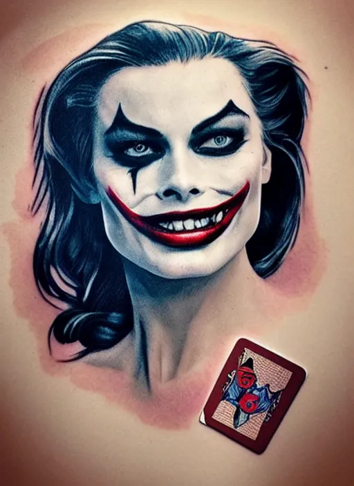 Image similar to tattoo design of beautiful margot robbie with a little joker makeup, holding an ace card, slight smile, in the style of den yakovlev, realistic face, black and white, realism tattoo, hyper realistic, highly detailed