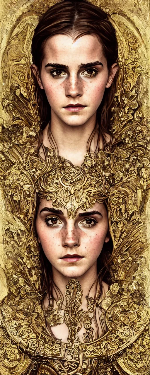 Image similar to photo photorealistic portrait photograph full body art nouveau portrait of Emma Watson ornate intricate golden battle armor, intricate, elegant, highly detailed, digital painting, artstation, concept art, smooth, sharp focus, illustration, art by John William Waterhouse and greg rutkowski and Donato Giancola and alphonse mucha Nick Knight, Herb Ritts