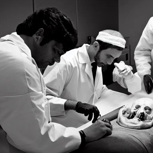 Image similar to doctors performing an autopsy on a dead alien in a white room, black and white photo