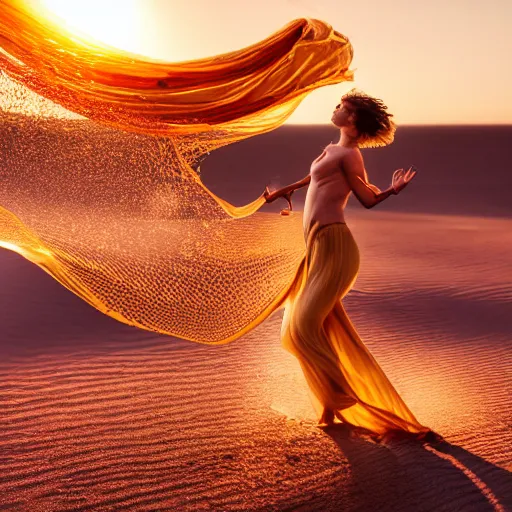 Image similar to filmstill photography of two female body sulhouettes covered with curly white translucent blanket blowing in wind, acrylic liquid colors, luxurious supermodel photoshooting, golden jewelry, bokeh, godrays, strong wind, wrinkles, sunrays, sunset, lens flares, cold colors, sand dunes