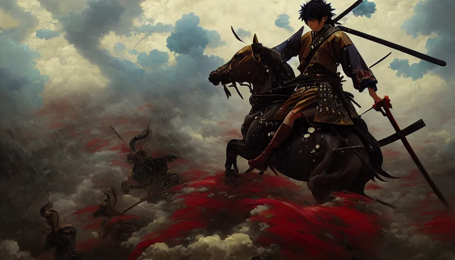 Image similar to baroque oil painting of key visual epic samurai war, rain, storm, realism, fake detail, trending pixiv fanbox, acrylic palette knife, style of makoto shinkai takashi takeuchi yoshiyuki sadamoto greg rutkowski chiho aoshima, artstation, manga