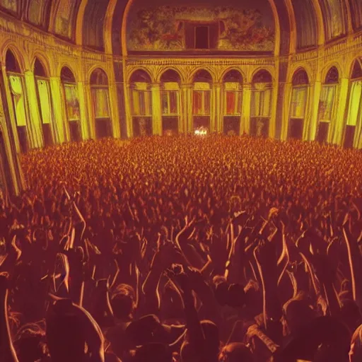 Image similar to a large crowd of people at a concert, a screenshot by alesso baldovinetti, cg society, maximalism, sanctuary, hall of mirrors, glowing neon