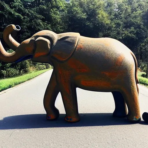 Prompt: ( car ) in shape of an elephant figurine on the road