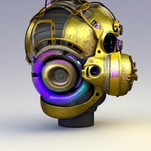 Prompt: a claymodel of a dieselpunk rococo spaced out robot head wearing multicolored tubes, 8 k, front view, symetrical, flourescent colors, halluzinogenic, multicolored, exaggerated detailed, front shot, 3 d render, octane