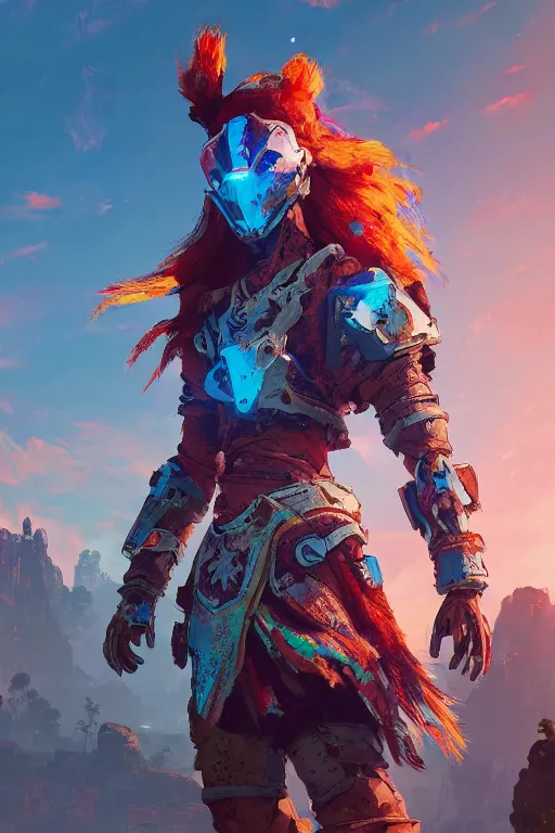 Image similar to combination suit armor aloy horizon forbidden west horizon zero dawn radiating a glowing aura global illumination ray tracing hdr fanart arstation by ian pesty and alena aenami artworks in 4 k tribal robot ninja mask helmet backpack