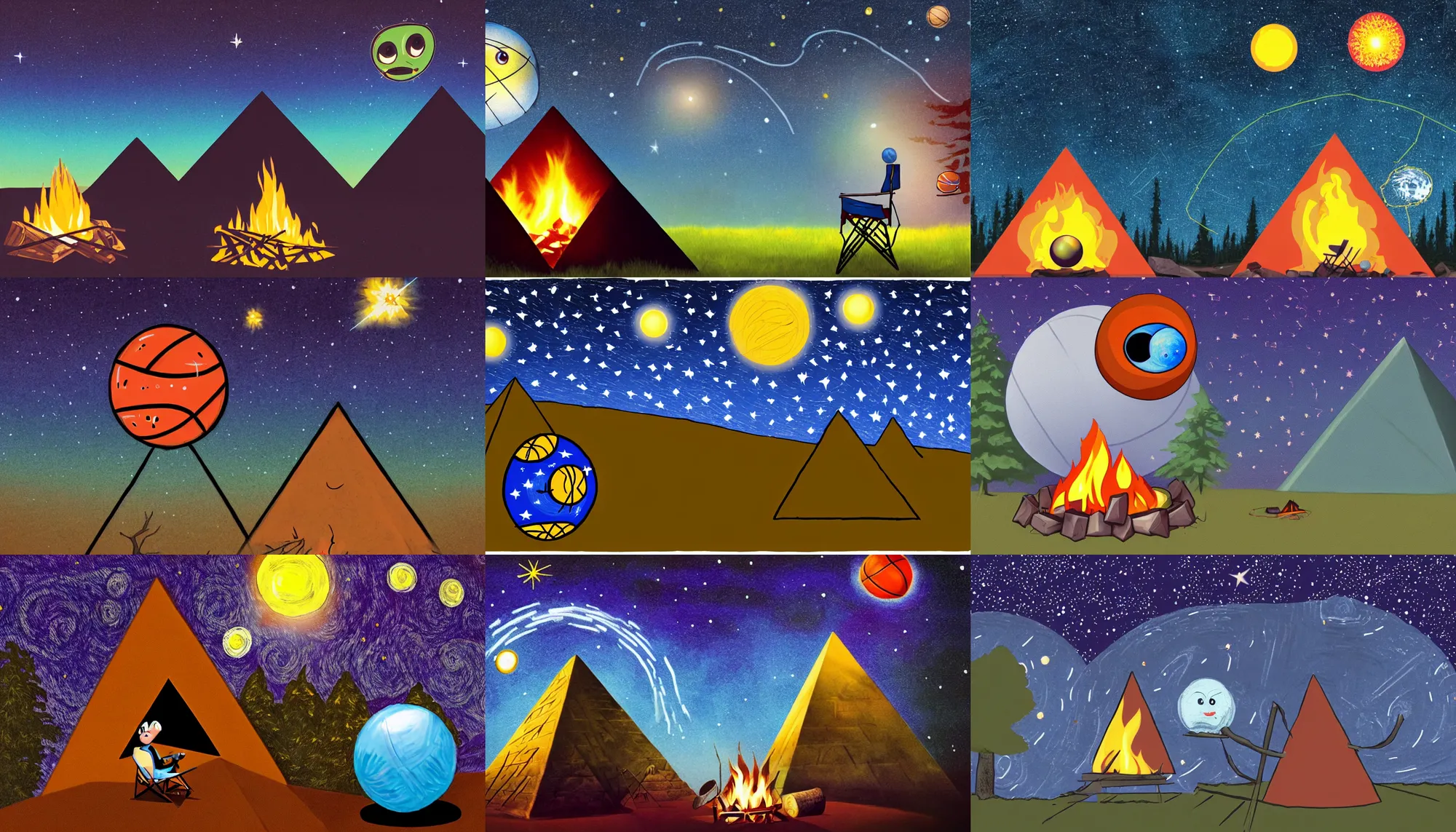 Prompt: an ( ( angry basketball with two eyes ) ) sitting in a lawnchair, at a campfire in the forest, staring at a sphere rolling off the side of a pyramid, sideview, starry night, masterpiece, using gradients and the degrade technique