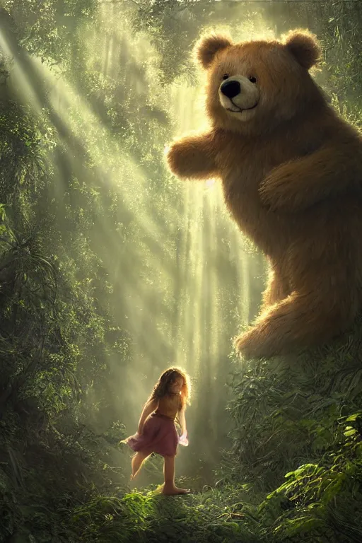 Image similar to mean fluffy teddybear protecting girl in a forest with rays of light coming through the canopy, masterpiece, dystopian, sci-fi, extremely detailed, digital painting, sculpted in zbrush, artstation, concept art, smooth, sharp focus, illustration, chiaroscuro lighting, golden ratio, incredible art, artgerm, greg rutkowski, alphonse mucha, simon stalenhag, carravaggio