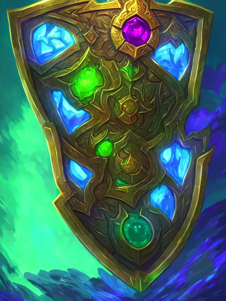 Image similar to square bright shield of warcraft blizzard shield art, a spiral colorful gems shield. bright art masterpiece artstation. tree and roots shield, 8 k, sharp high quality illustration in style of jose daniel cabrera pena and leonid kozienko, green colored theme, concept art by tooth wu, card frame