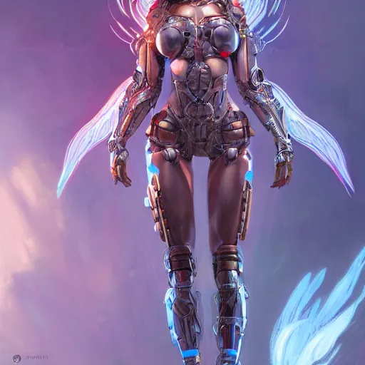 Prompt: Cyborg angelic woman in futuristic bikini armor, D&D, elegant, vibrant, fantasy, intricate, smooth, artstation, painted by edgar maxence, greg rutowski, ross tran, artgerm