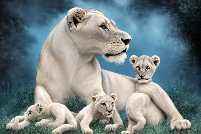 Image similar to beautiful aesthetic digital illustration of a pale blue lioness with a litter of baby cubs by Lisa Parker and Anne Stokes, deviantArt, artstation, trending on artstation