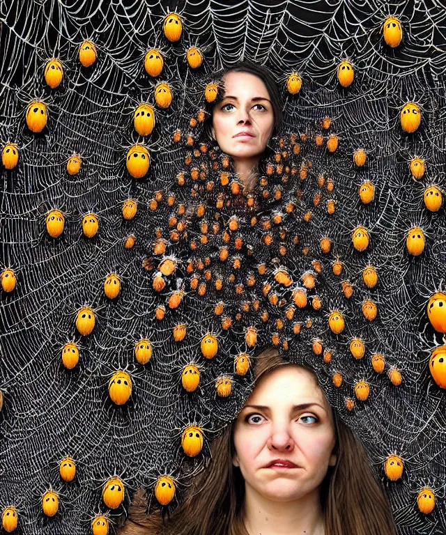 Image similar to a woman standing all covered in spiders. incredible number of spiders. extremely high details, many spider eyes, realistic, horror, creepy, web, masterpiece, colorful art