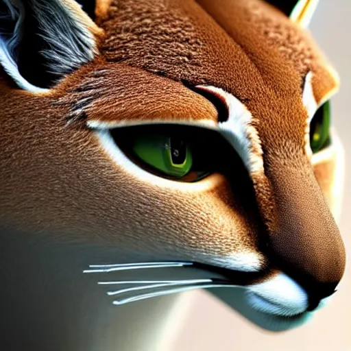 Image similar to An incredibly beautiful close-up photorealistic scene featuring a futuristic anthropomorphic caracal. Trending on CGSociety.