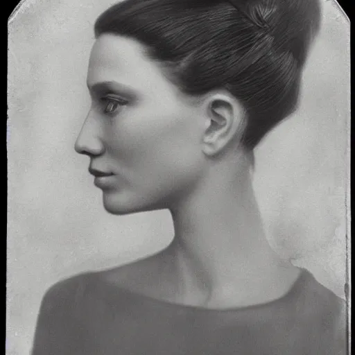 Image similar to computer art of a woman's face in profile. She has high cheekbones, a strong jawline, and her hair is pulled back away from her face. She stares out at the viewer with a slight smile, her eyes half-lidded and her lips parted. There is a sense of calm and serenity about her. Sabattier effect, tintype by Emek Golan, by Virginia Frances Sterrett lifelike