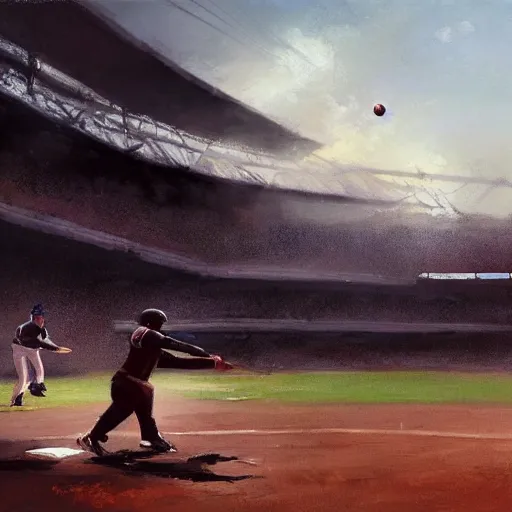 Image similar to baseball player hitting the ball with the baseball bat in the middle of the game and in front of everyone in the stadium, james gurney painting style, greg rutkowski, artstation