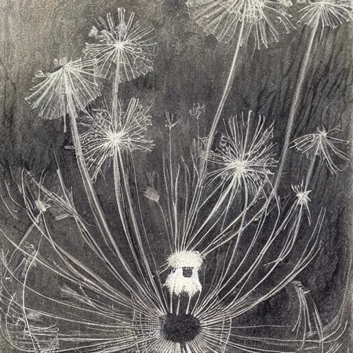 Image similar to a beautiful fairytale painting of a dandelion seed that is also a fluffy fairy. the dandelion seed is the body of the fairy. beautiful clear painting by arthur rackham