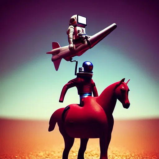 Prompt: photography of anthropomorphic horse riding on top of an astronaut horse back. from western by hiroyuki okiura and katsuhiro otomo and alejandro hodorovski style with many details by mike winkelmann and vincent di fate in sci - fi style. volumetric natural light photo on dsmc 3 system,