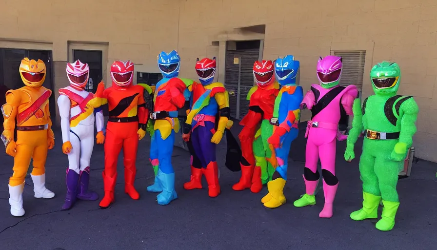 Image similar to sour patch kids, power rangers!! standing next to each other