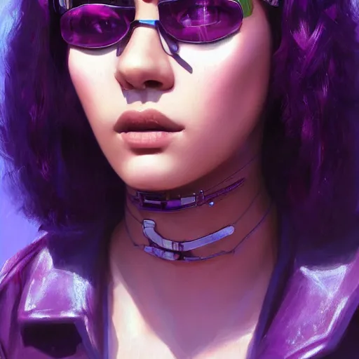 Prompt: very detailed masterpiece closeup painting of a very beautiful young mexican cyberpunk woman with light blue shutter shades, one side haircut, dark purple hair, purple leather jacket, beauty mark on cheek, portrait, synthwave background, artstation, concept art by greg rutkowski