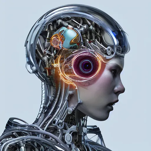 Image similar to The face of an extremely beautiful biomechanical female looking robot with Optical Sensors and large emoji tattoos, surrounded by a thin transparent force field,, extremely beautiful oppai cyberpunk, exaggerated proportions, organic, chimeric organism, pale skin, organic polycarbon, full frontal, portrait, highly detailed, symmetrical, mechanical, mendelbrot fractal, ray tracing, hyperdetailed, hyperrealistic, octane render, hdr, 8k