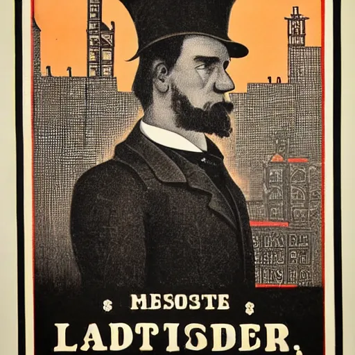 Prompt: 1 8 9 0 s capitalism poster, black and white engraving, eastern european look, with red ink used for emphasis, on antique yellowed paper. serious face of leader in the middle of poster, with intricate imagery of buildings and factories and laborers in the background