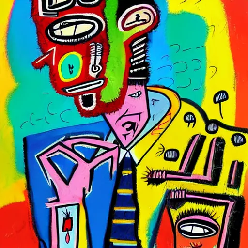 Image similar to colorful odd colors detailed abstract neo expressionism chaotic oil painting of sad boy business man depressed with tattoos by basquiat