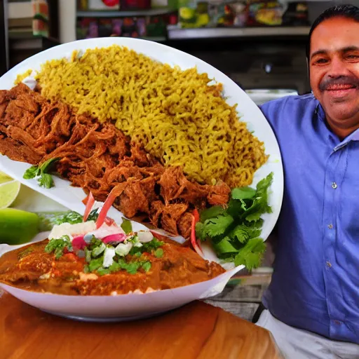 Prompt: a giant plate of indiscriminate mexican food with a smiling man behind it