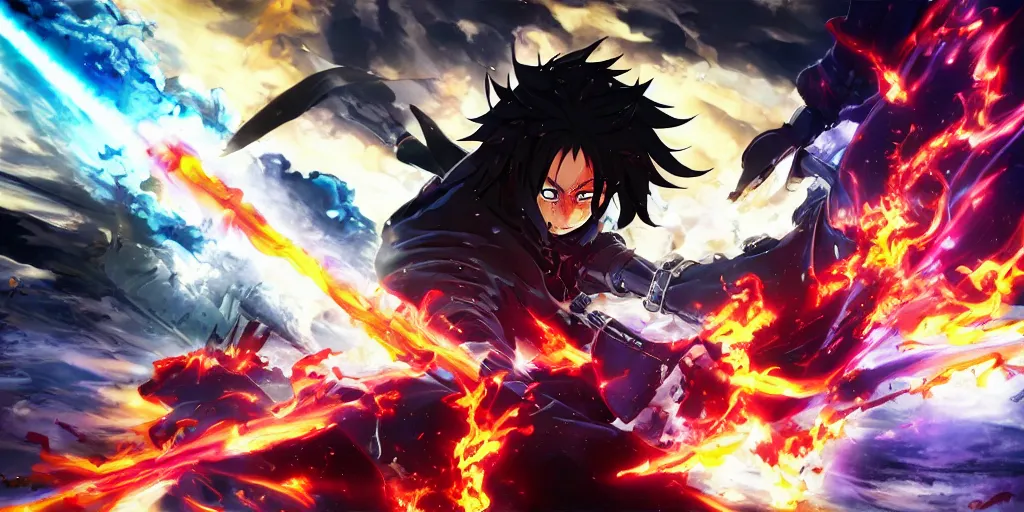 Prompt: ultra hd painting of demon slayer anime in a cyber punk world fighting with his flaming sword