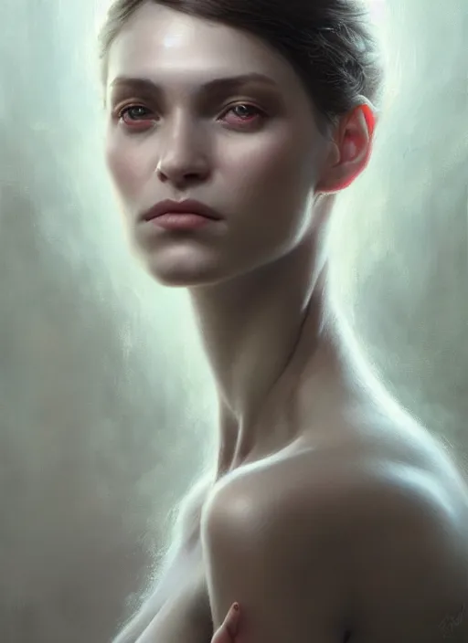 Image similar to Highly detailed portrait of a woman with a 1-foot long neck, fantasy art by Greg Rutkowski, Stanley Artgerm, Tom Bagshaw, global illumination, radiant light, detailed and intricate