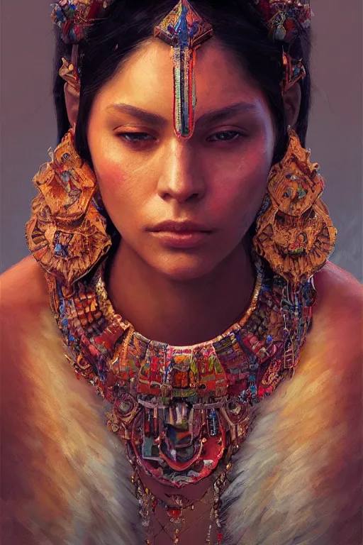 Image similar to aztec princess, gorgeous, close - up portrait, intricate, elegant, volumetric lighting, scenery, digital painting, highly detailed, artstation, sharp focus, illustration, concept art, ruan jia, steve mccurry