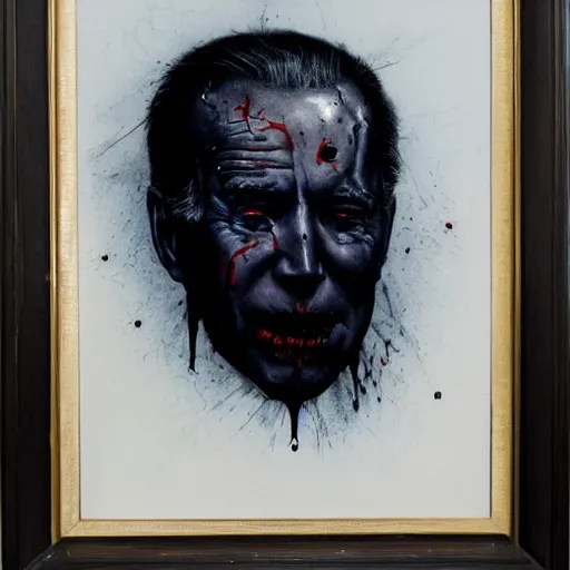 Image similar to presidential portrait of joe biden with oily black fluid pouring from mouth and nose as slenderman, by beksinski, jon mcnaughton, and stephen gammell