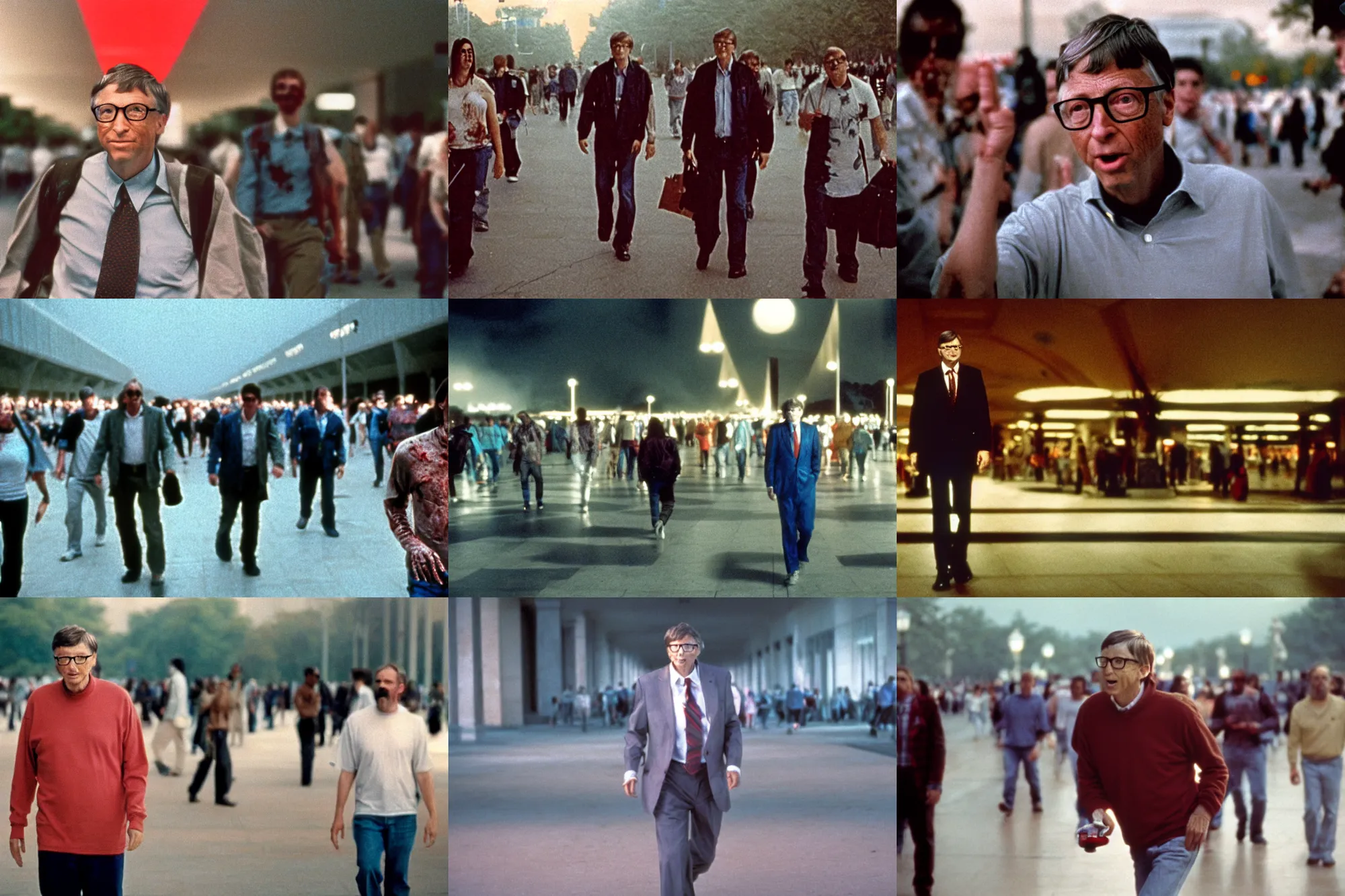 Prompt: bill gates as a zombie walking the mall in george romeros dawn of the dead, cinestill, cinematic, atmospheric, volumetric light, low light