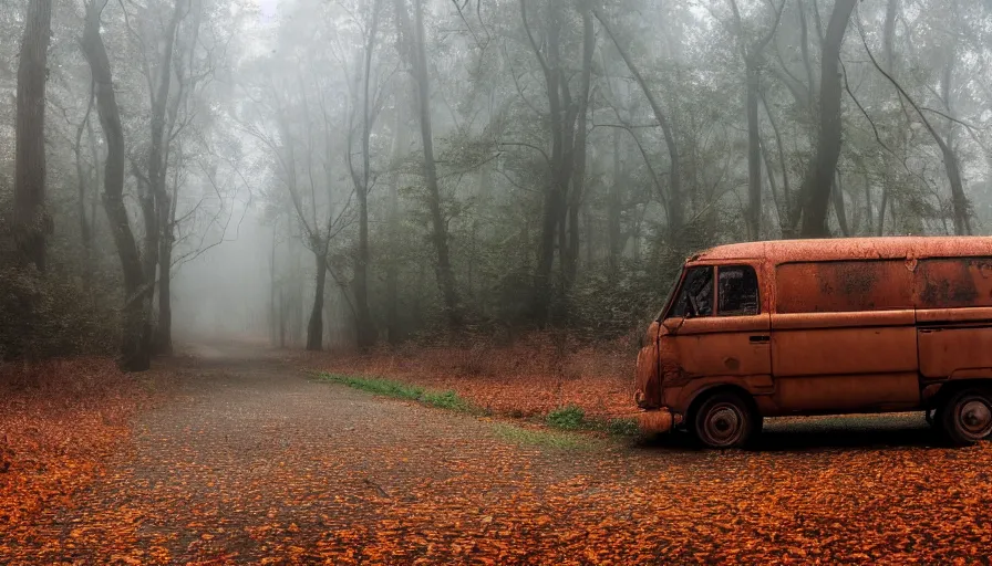 Image similar to a Old rusty van left in a foggy scary forest with leaves falling out of trees, 4k photography award winning,