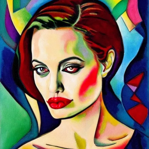 Prompt: angelina jolie portrait, style by kandinsky, art deco, portrait,