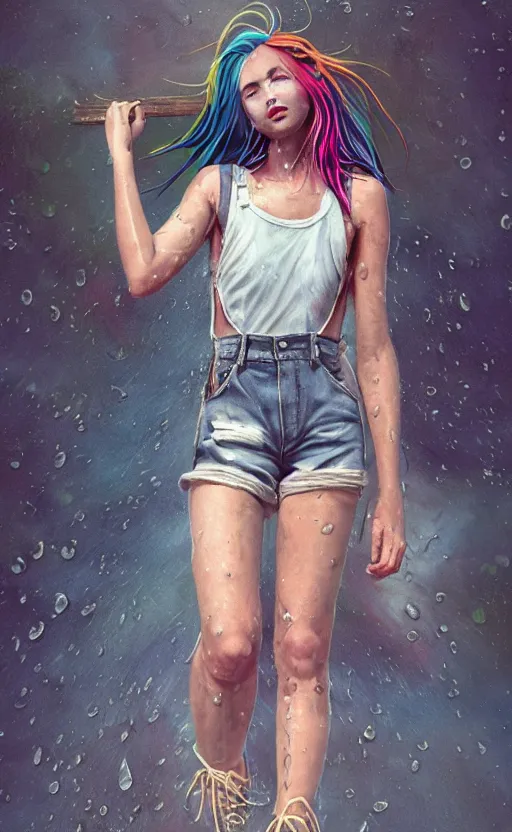 Prompt: grungy woman, rainbow hair, soft eyes and narrow chin, dainty figure, long hair straight down, torn overalls, skimpy shorts, combat boots, basic white background, side boob, in the rain, wet t shirt, wet skin, symmetrical, single person, style of by Jordan Grimmer and greg rutkowski, crisp lines and color,