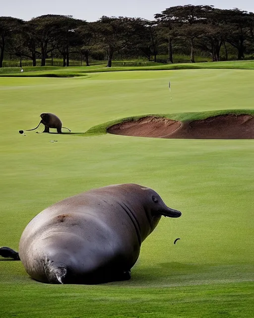 Image similar to A large adult male Elephant seal rearing up, blocking a golfer from the hole on a golf course green, photographed in the style of National Geographic photographer Paul Nicklen, Hyperreal