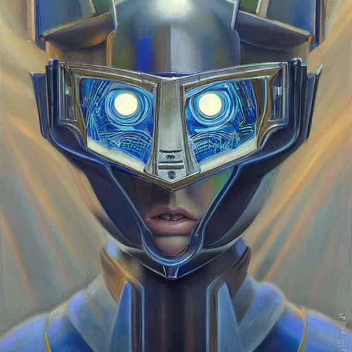 Image similar to the robot wearing her human mask, by christopher kit williams and donato giancola, symbolist, dramatic lighting, elaborate geometric ornament, art brut, god rays, soft cool colors, smooth, sharp focus, extremely detailed