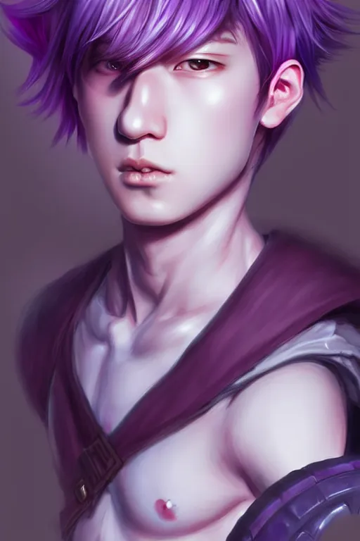 Image similar to gorgeous!!! hyper - realistic teenager boy with purple hair, purple eyes with red eye markets, wearing combat japanese clothes, holding a fan | drawn by wlop, drawn by jeehyung lee, drawn by artgerm | intricate, highly detailed, digital painting, character design, concept art, illustration, artstation